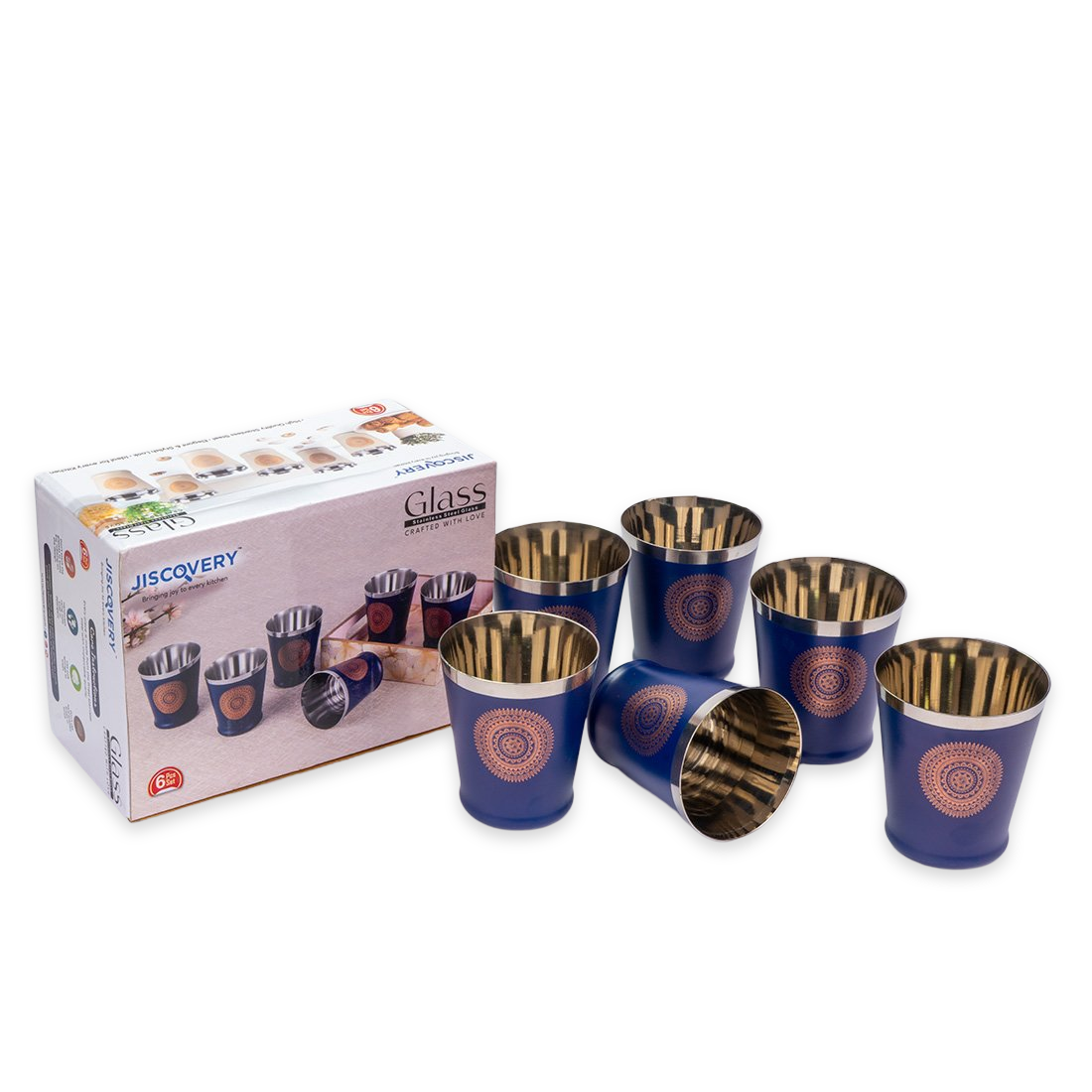 JISCOVERY Stainless Steel Printed Glasses Set of 6 Bucket shape Blue color