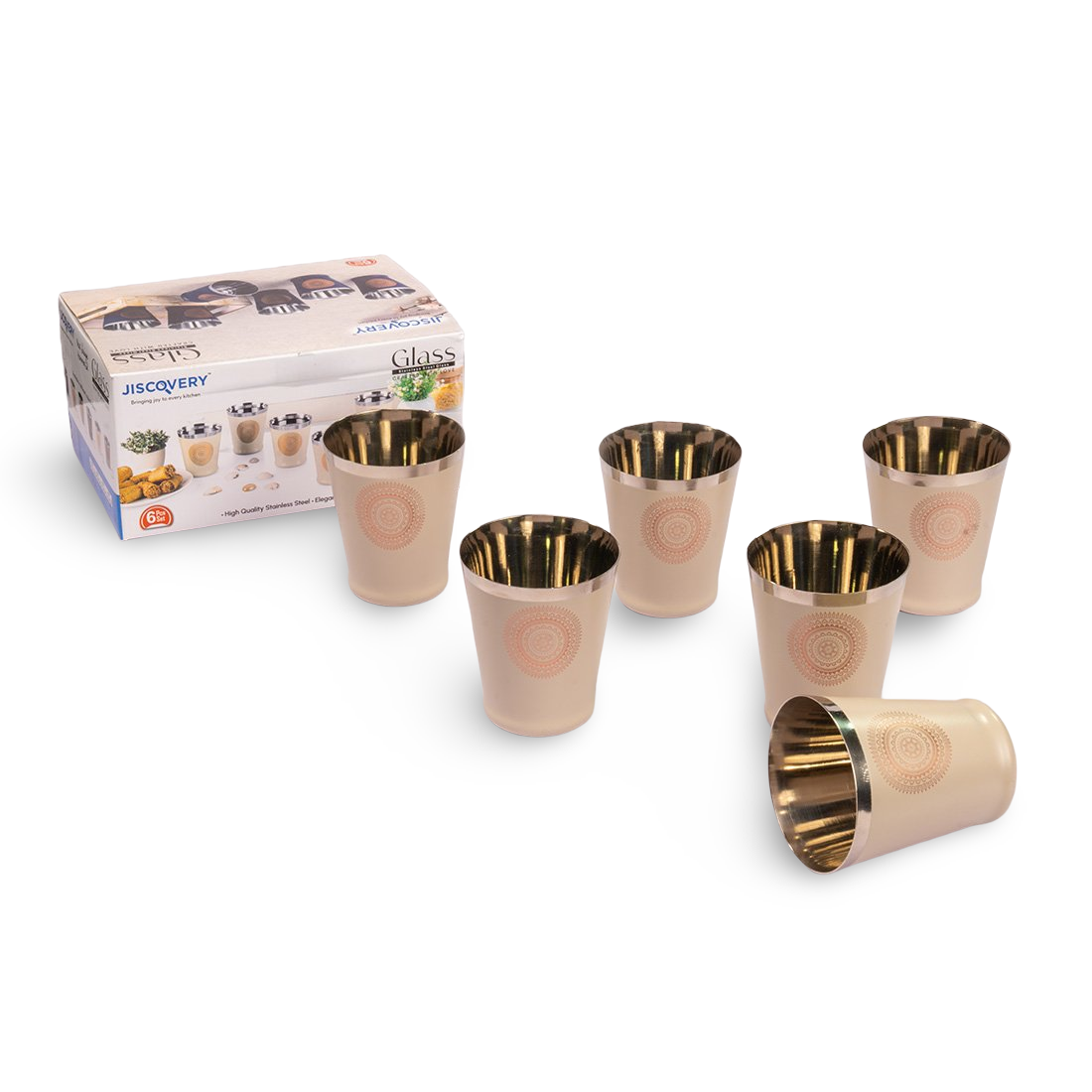 JISCOVERY Stainless Steel Printed Glasses Set of 6 Bucket shape Coffee brown color