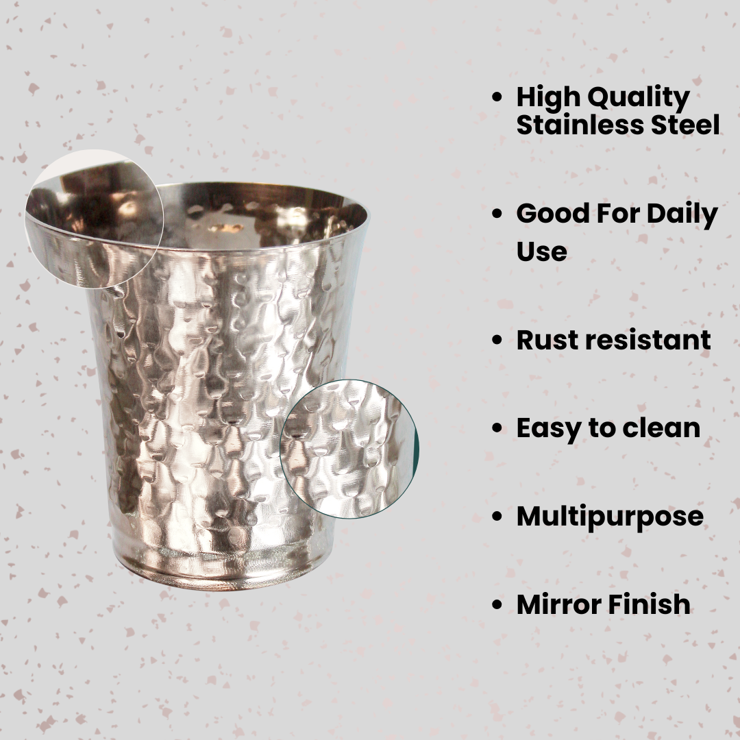 JISCOVERY Stainless Steel Bucket Glasses Set of 4| Glass for Water, Lassi, Milk & Juice| Glass Tumbler| Daily Use Water Drinking Glass| Hammered Design Glass| Silver| Capacity- 350 ML
