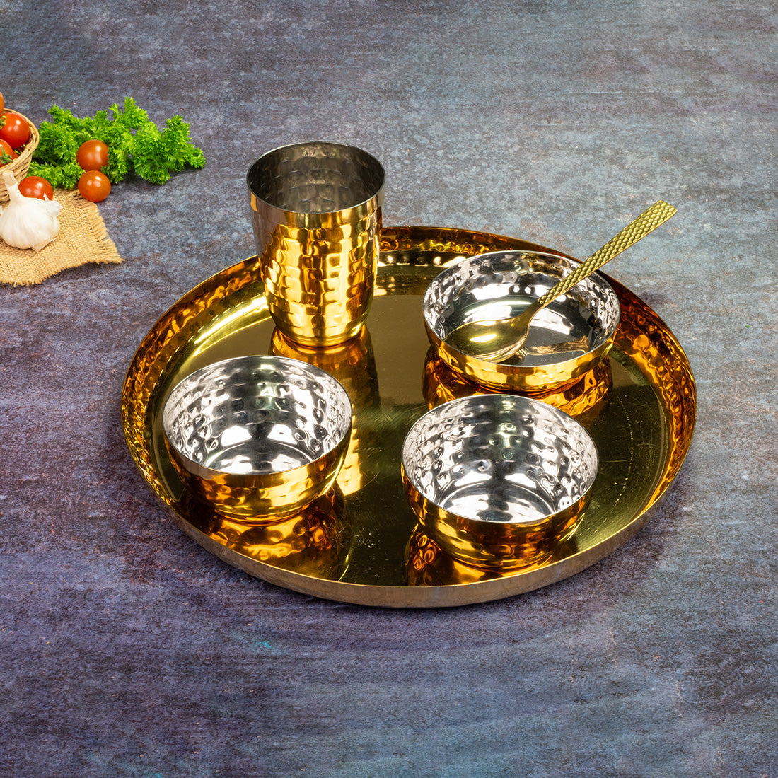 Gold Hammered 6 Pcs Thali set