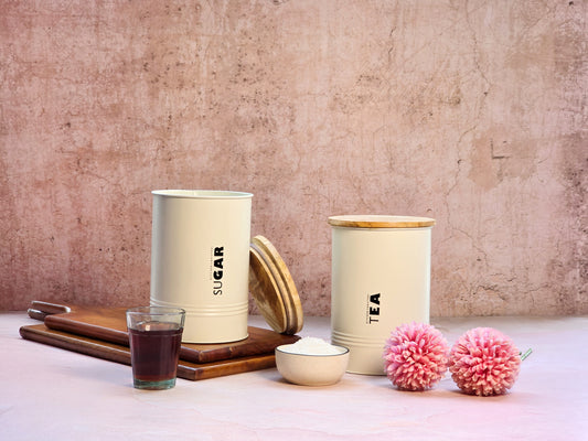 JISCOVERY Metal Airtight Storage Tea & Sugar Container Jars Set of 2 Beige