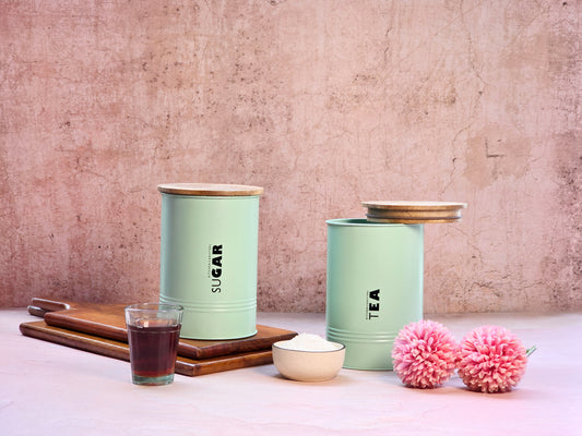 JISCOVERY Stylish Printed Stainless Steel Kitchen Canisters - Tea & Sugar Set of 2 Green