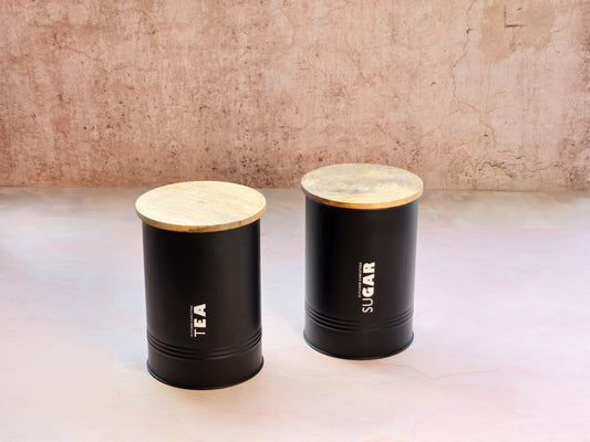 JISCOVERY Metal Airtight Storage Tea & Sugar Container Jars Set of 2 Black
