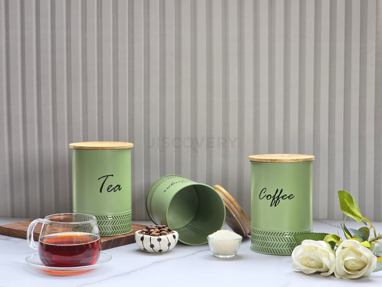 JISCOVERY Stylish Kitchen Storage Jars - Tea, Sugar & Coffee Container Set of 3 Green Canisters
