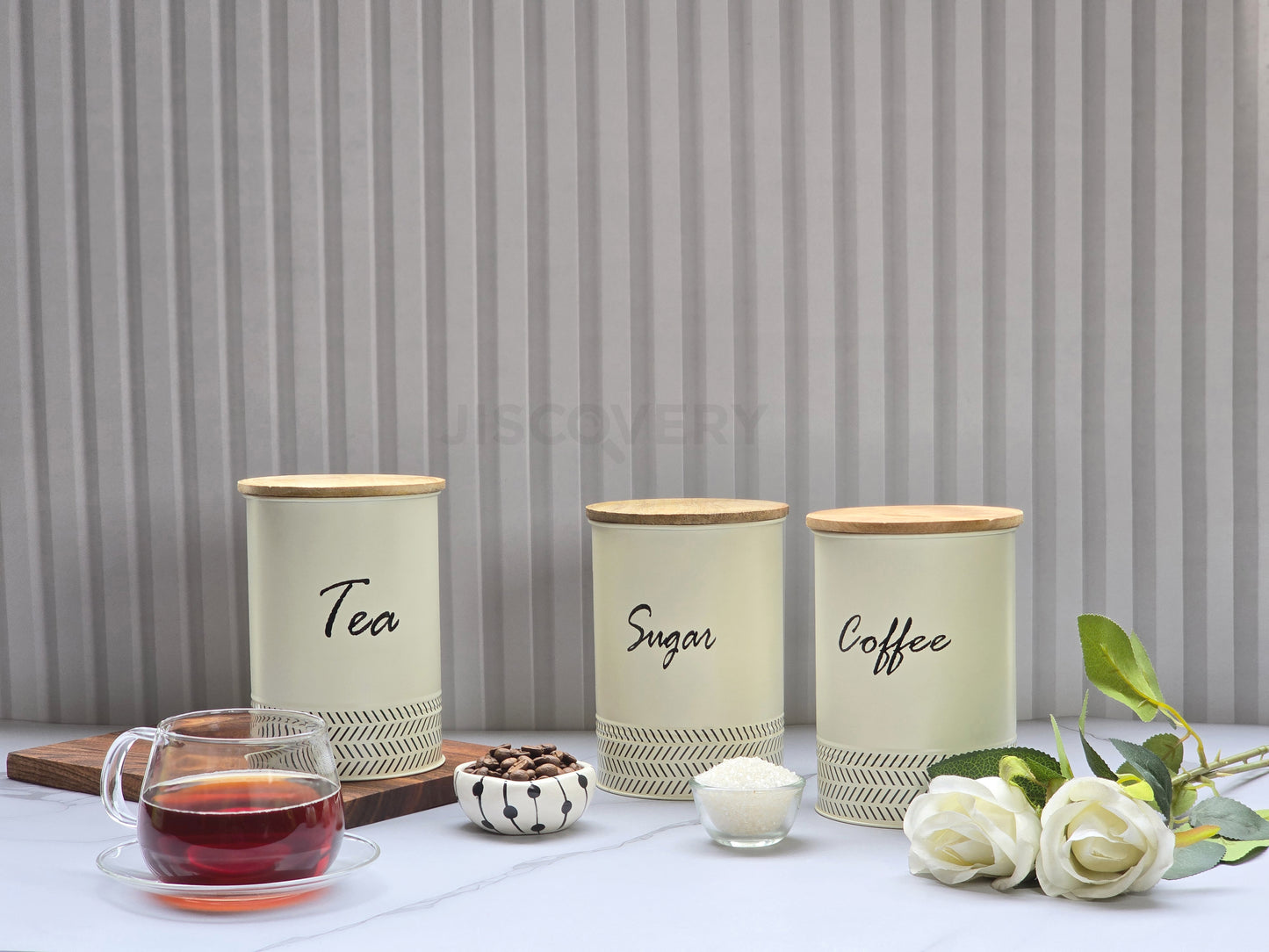 JISCOVERY Airtight Storage Canisters - Tea, Coffee & Sugar Jars Set Of 3 Ivory