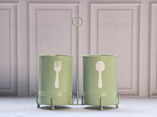 JISCOVERY Dual Cutlery Holder Stand Green- Fork & Spoon Design For Dining