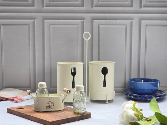JISCOVERY Cutlery Holder & Salt Pepper Shaker | Dispenser Set | Spoon & Fork Holder (Ivory)