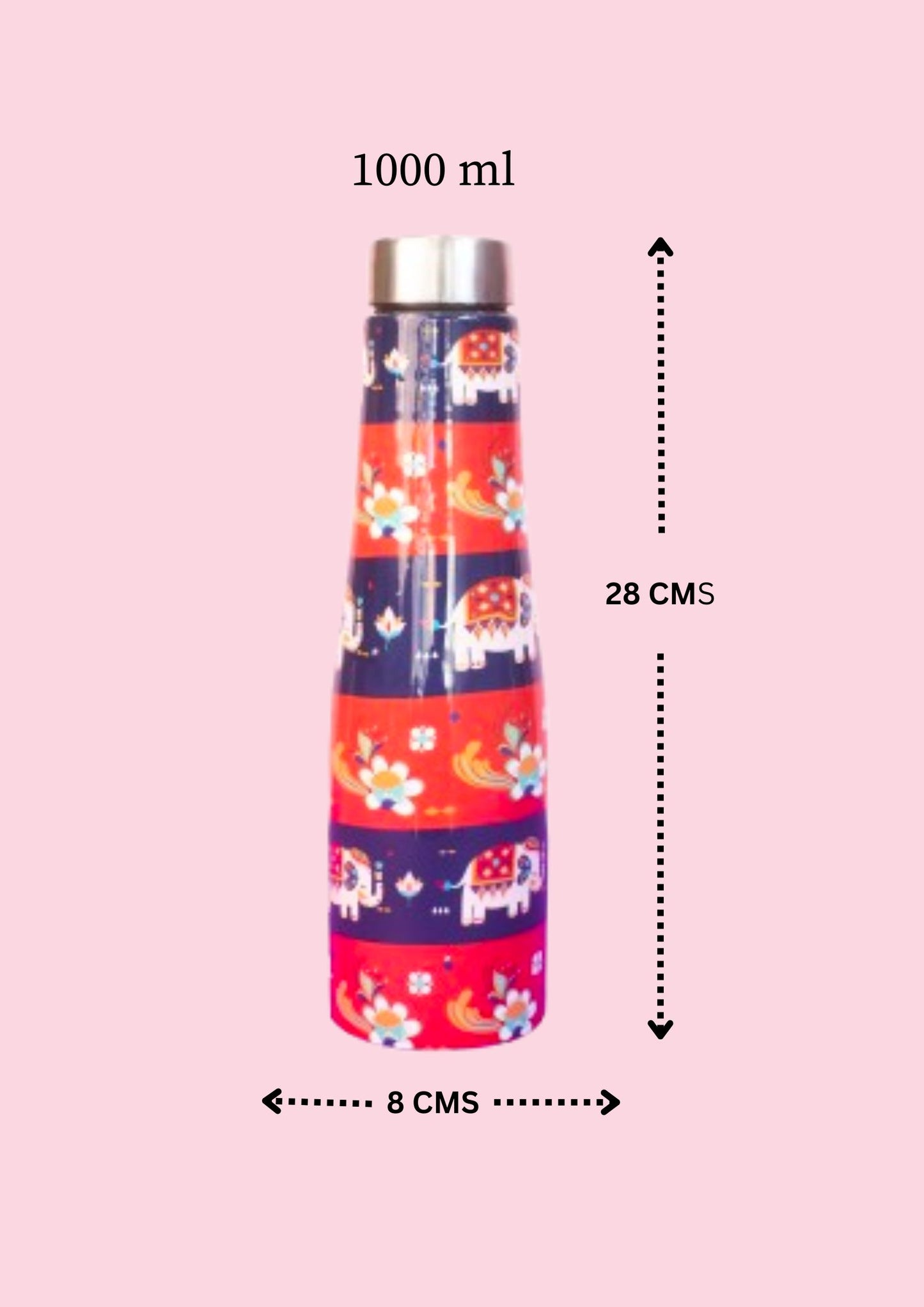 JISCOVERY Printed Stainless Steel Water Bottle| Elephant Design Funky Bottle| 1 Litre Aesthetic Bottle for Office, School & Home| Leak Proof, Rust Proof & Durable| 1000 ML (Red)