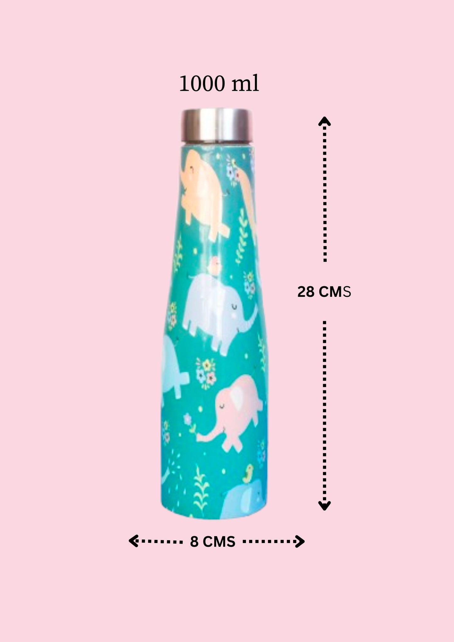 JISCOVERY Premium Stainless Steel Printed Water Bottle| Elephant Design- 1000 ML Bottle for Office, School & Yoga| Leak Proof & Rust Proof