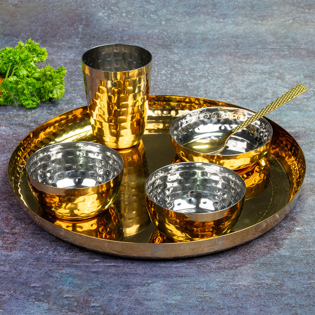 Gold Hammered 6 Pcs Thali set