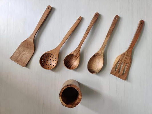JISCOVERY Wooden Spoon Set of 5 with Holder