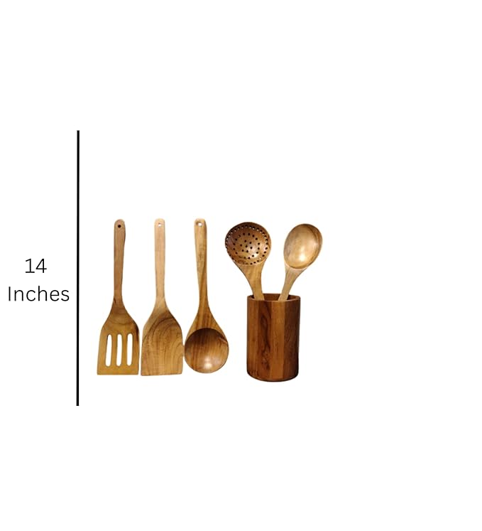 JISCOVERY Wooden Spoon Set of 5 with Holder
