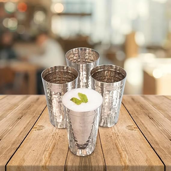 JISCOVERY Stainless Steel Lassie Glass Set of 4| Glass for Water, Milk & Juice| Glass Tumbler| Daily Use Water Drinking Glass| Durable| Silver| Capacity- 700 ML