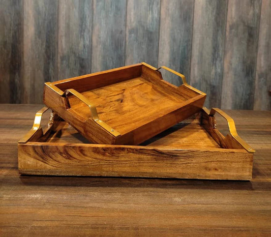 JISCOVERY Beautiful Tray Combo with Iron Handle || Acacia Wood || Water Proof || Wooden Handicrafts