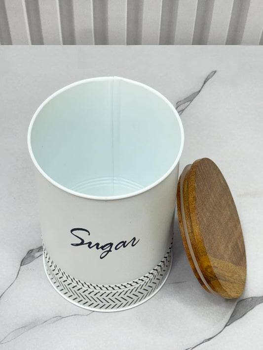 JISCOVERY Airtight Tea & Sugar Container Set of 2| Metal Storage Canister with Wooden Lid for Kitchen| Storage Box for Kitchen Counter Top| 1300 ML| White