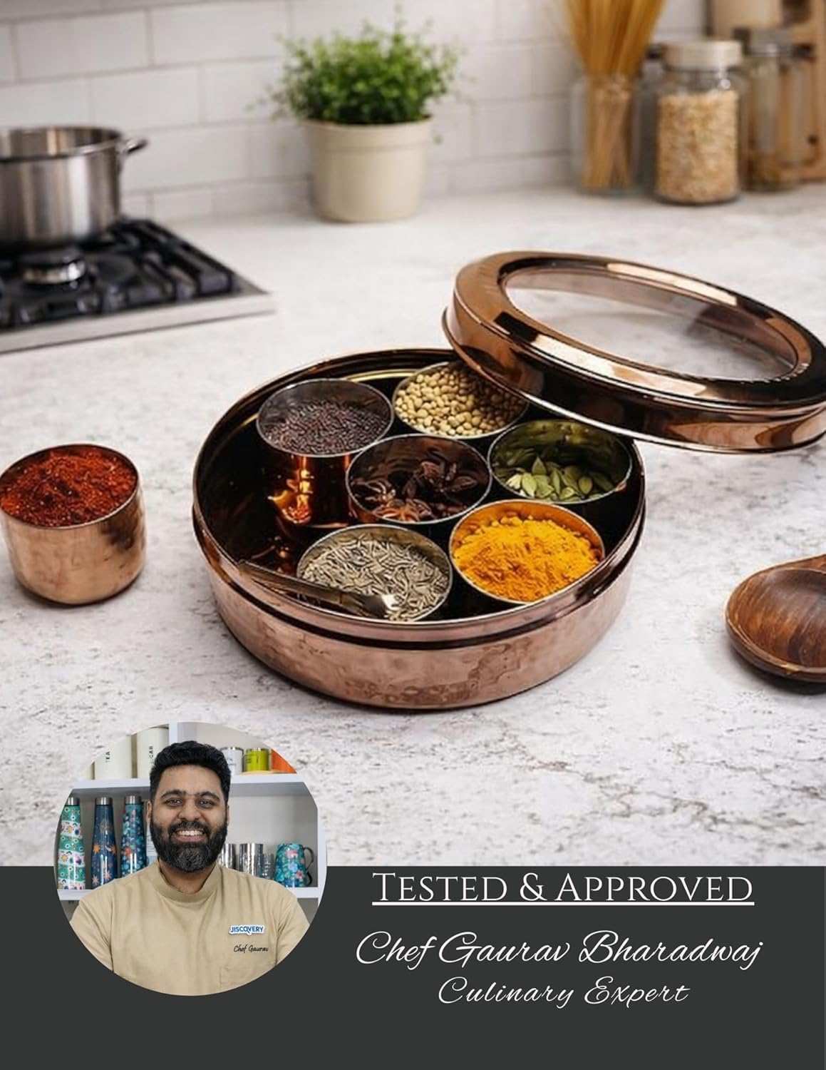 JISCOVERY Stainless Steel Masala Box Hammered Design With Glass Lid - Spice Storage Container Rose Gold