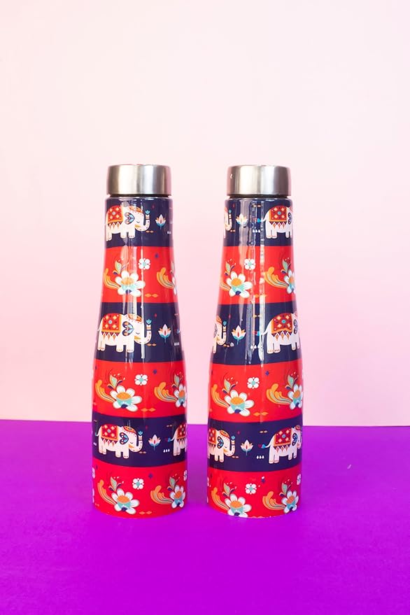 JISCOVERY Stainless Steel Printed Water Bottle Set of 2 Red Color