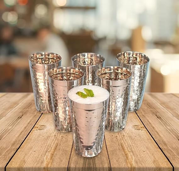 JISCOVERY Stainless Steel Lassie Glass Set of 6| Glass for Water, Milk & Juice| Glass Tumbler| Daily Use Water Drinking Glass| Durable| Silver| Capacity- 700 ML