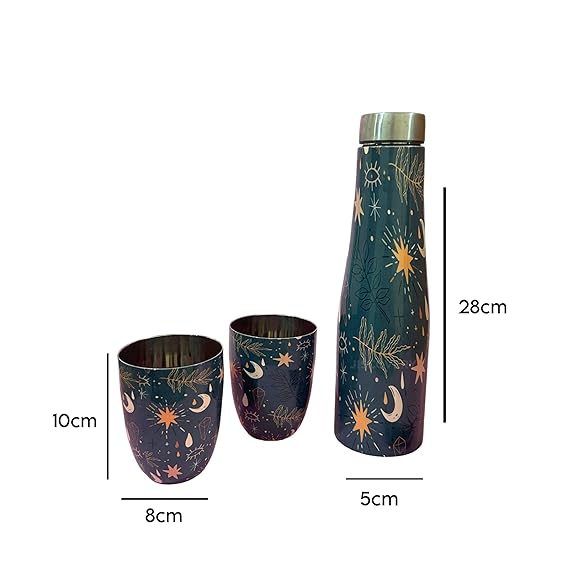 JISCOVERY Stainless Steel Printed Water Bottle with 2 Glasses Blue Color