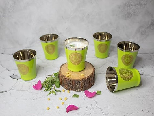 JISCOVERY Stainless Steel Printed Glasses Set of 6 Bucket shape Green Color