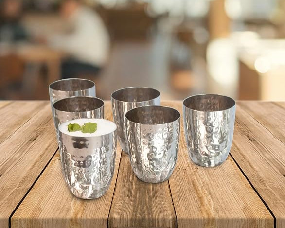JISCOVERY Stainless Steel Round Glasses Set of 6| Glass for Water, Lassi, Milk & Juice| Glass Tumbler| Daily Use Water Drinking Glass| Hammered Design Glass| Silver| Capacity- 350 ML (Copy)