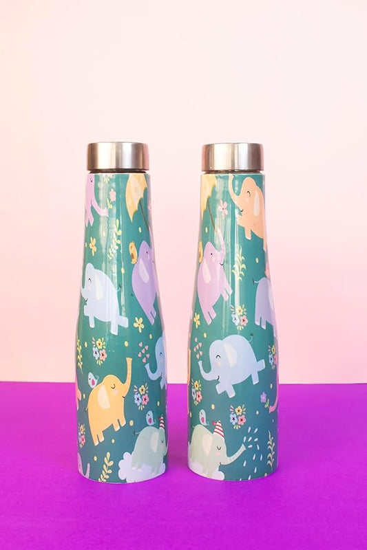 JISCOVERY Stainless Steel Printed Water Bottle Set of 2 Elephant Design
