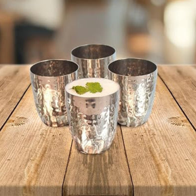 JISCOVERY Stainless Steel Round Glasses Set of 4| Glass for Water, Lassi, Milk & Juice| Glass Tumbler| Daily Use Water Drinking Glass| Hammered Design Glass| Silver| Capacity- 350 ML