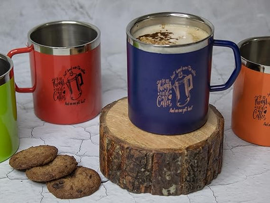 JISCOVERY Stainless Steel Coffee & Tea Mug with Printed Design Set of 4