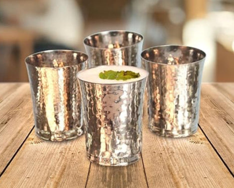 JISCOVERY Stainless Steel Bucket Glasses Set of 4| Glass for Water, Lassi, Milk & Juice| Glass Tumbler| Daily Use Water Drinking Glass| Hammered Design Glass| Silver| Capacity- 350 ML
