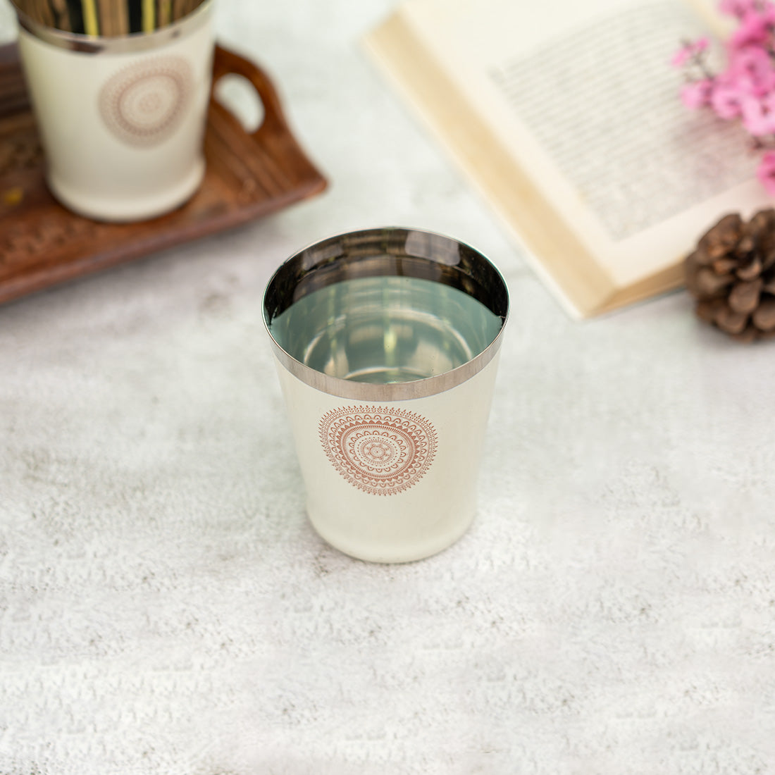 JISCOVERY Stainless Steel Printed Glasses Set of 6 Bucket shape Beige color