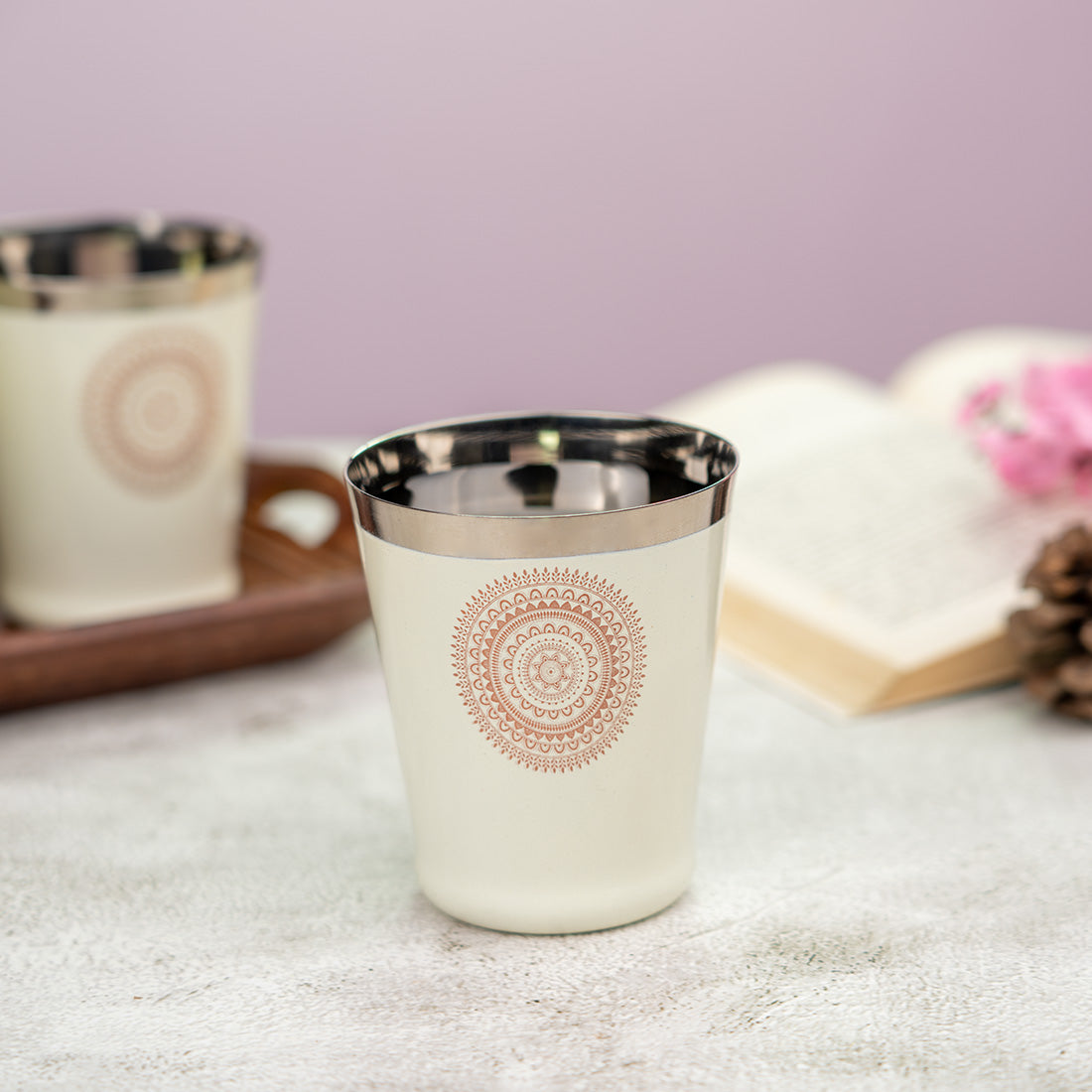 JISCOVERY Stainless Steel Printed Glasses Set of 6 Bucket shape Beige color