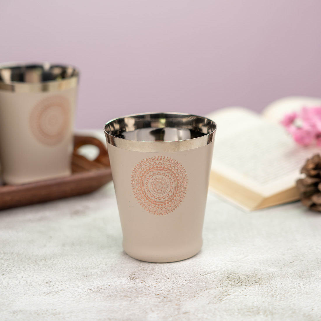 JISCOVERY Stainless Steel Printed Glasses Set of 6 Bucket shape Coffee brown color
