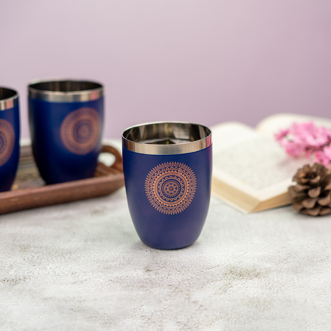 JISCOVERY Stainless Steel Printed Round Glasses Set of 6 Lotus shape Blue Color