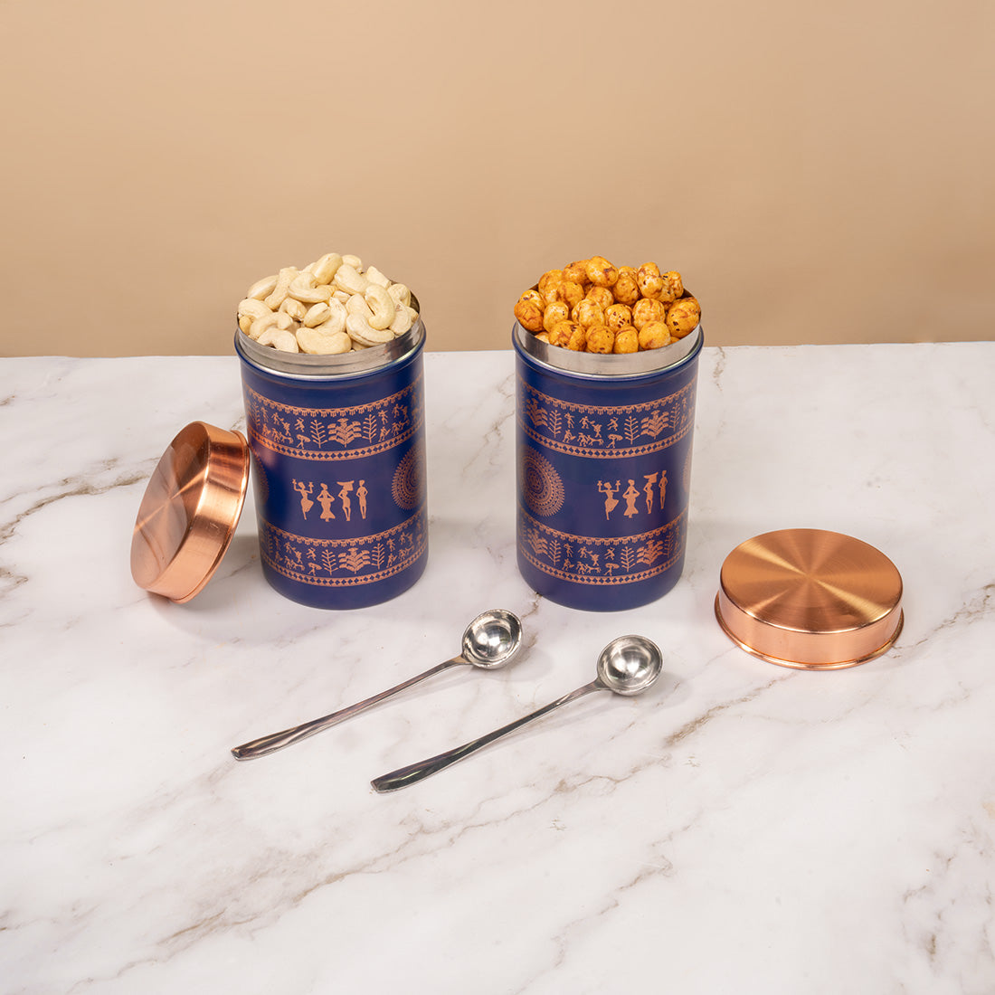 JISCOVERY Printed Steel Containers for Kitchen Storage Set of 2 With Spoon Blue
