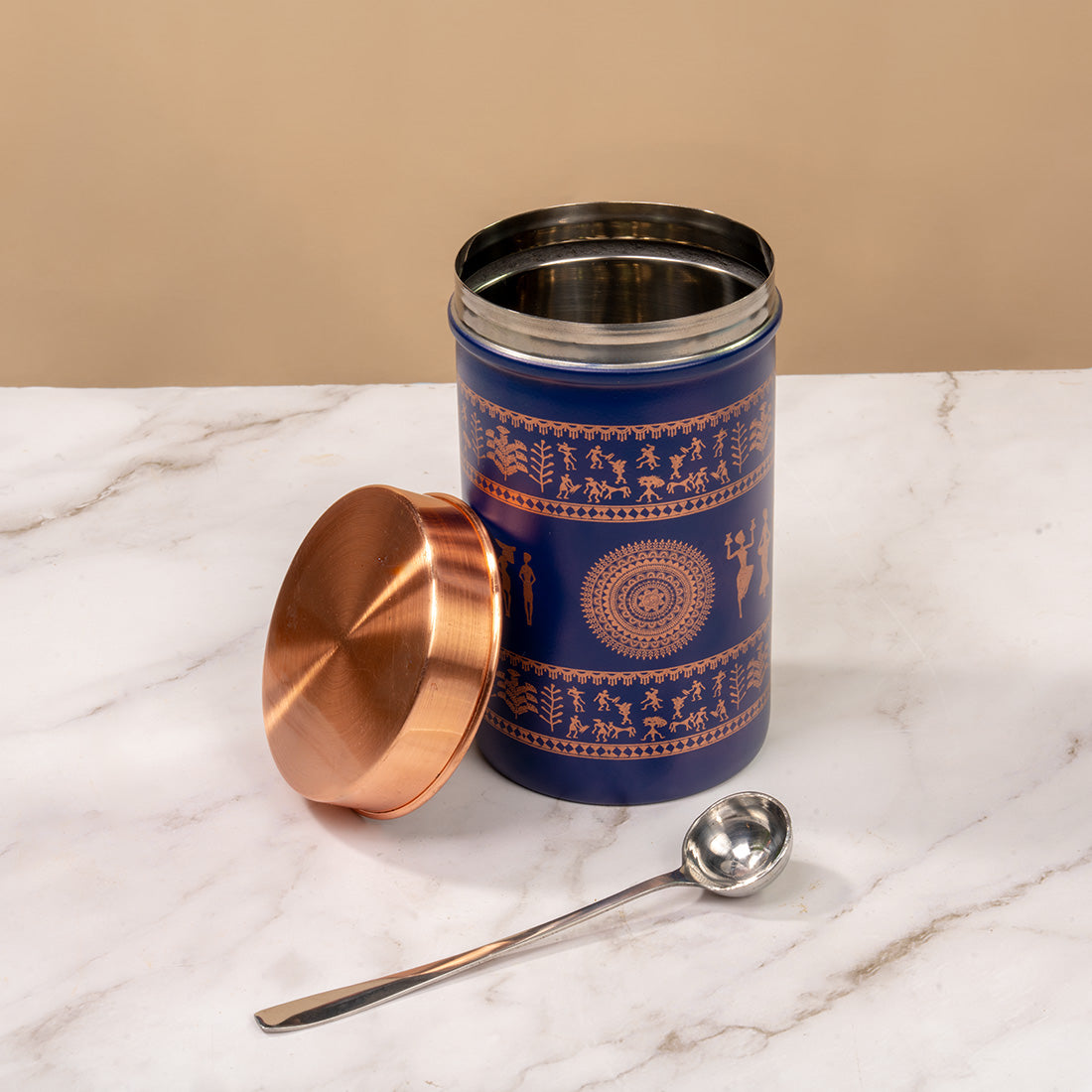JISCOVERY Printed Steel Containers for Kitchen Storage Set of 2 With Spoon Blue