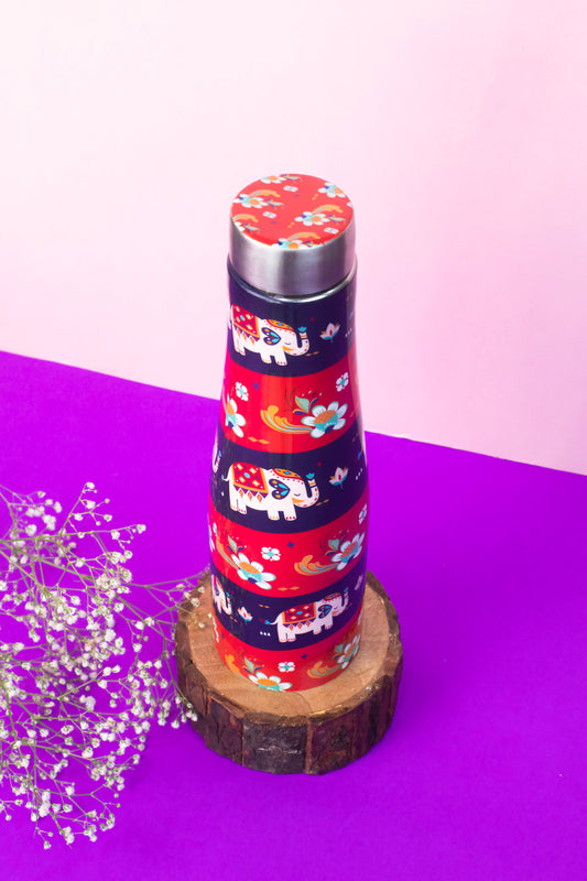 JISCOVERY Printed Stainless Steel Water Bottle| Elephant Design Funky Bottle| 1 Litre Aesthetic Bottle for Office, School & Home| Leak Proof, Rust Proof & Durable| 1000 ML (Red)