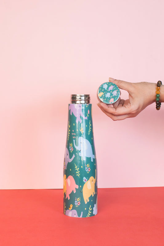 JISCOVERY Stainless Steel Printed Water Bottle with 2 Glasses Green Color