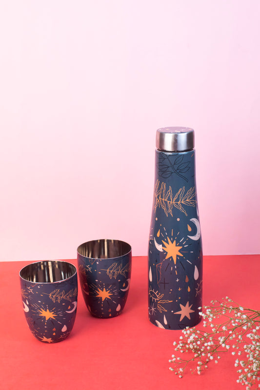 JISCOVERY Stainless Steel Printed Water Bottle with 2 Glasses Blue Color