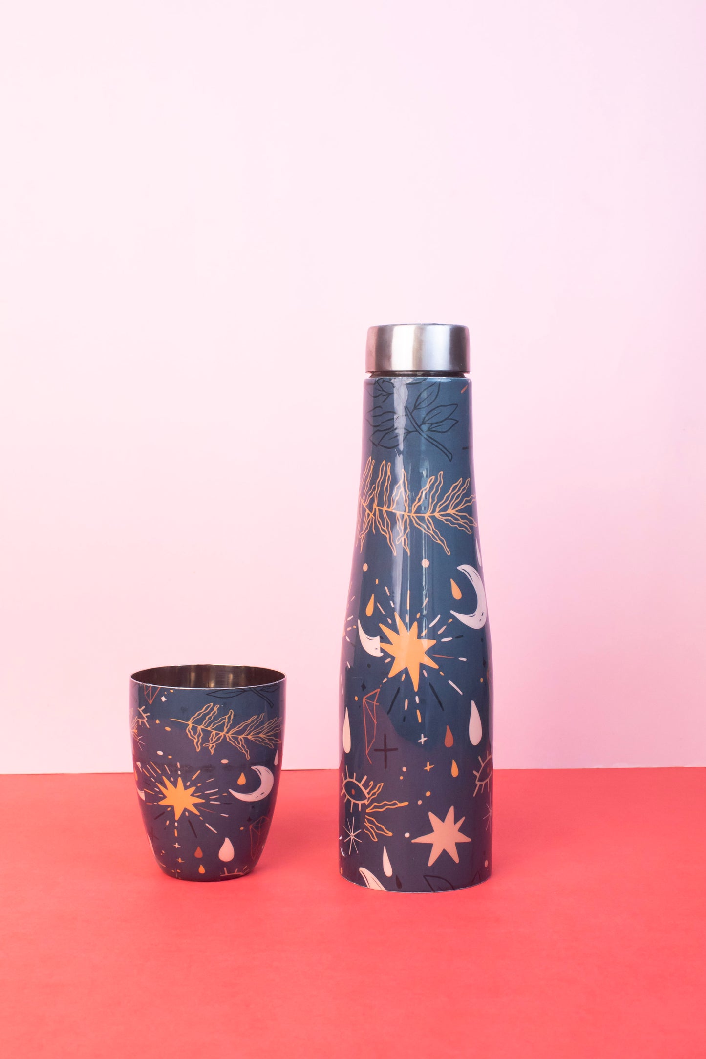 JISCOVERY Stainless Steel Printed Water Bottle with 2 Glasses Blue Color