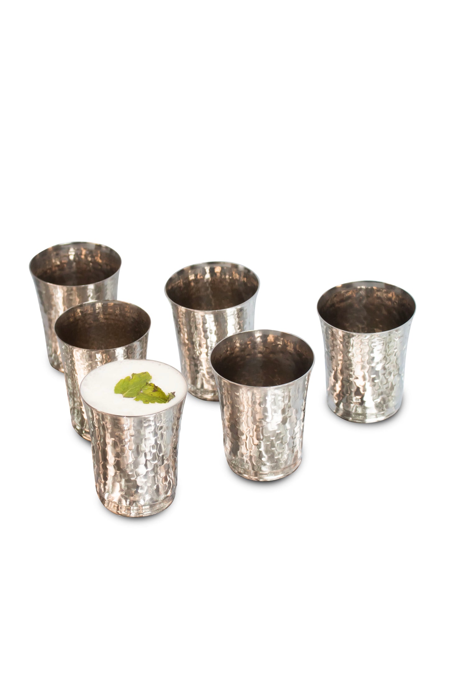 JISCOVERY Stainless Steel Bucket Glasses Set of 6| Glass for Water, Lassi, Milk & Juice| Glass Tumbler| Daily Use Water Drinking Glass| Hammered Design Glass| Silver| Capacity- 350 ML (Copy)