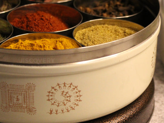 Beige Warli Design Airtight Stainless Steel Spice Box Online
