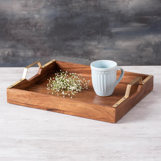 JISCOVERY Acacia Wood Serving Tray with Gold Iron Handles| Rectangular Snacks Serving Platter Tray| Eco-Friendly| Multi-Purpose Decorative Tray| Size- 35x25x5 CM