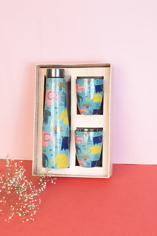 JISCOVERY Stainless Steel Printed Water Bottle with 2 glasses
