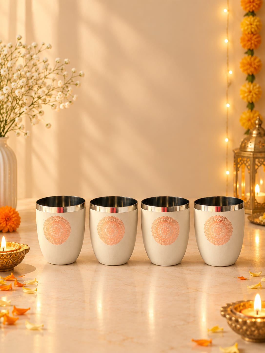 Diwali Gifting Box Stainless Steel Round Glasses Set Of 4 With Box (Coffee Color)
