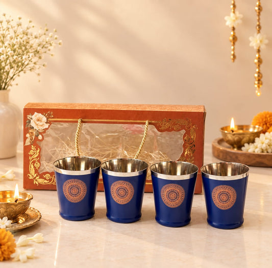 Diwali Gifting Box Stainless Steel Bucket Glasses Set Of 4 With Box (Blue Color)