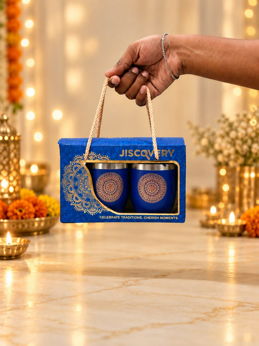 Diwali Gifting Box Stainless Steel Round Glasses Set Of 4 With Box Blue Color