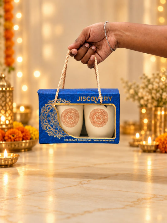 Diwali Gifting Box Stainless Steel Round Glasses Set Of 4 With Box Beige Color
