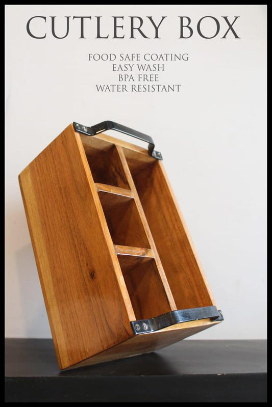 JISCOVERY Wooden Cutlery Stand for Kitchen with Black Iron Handles