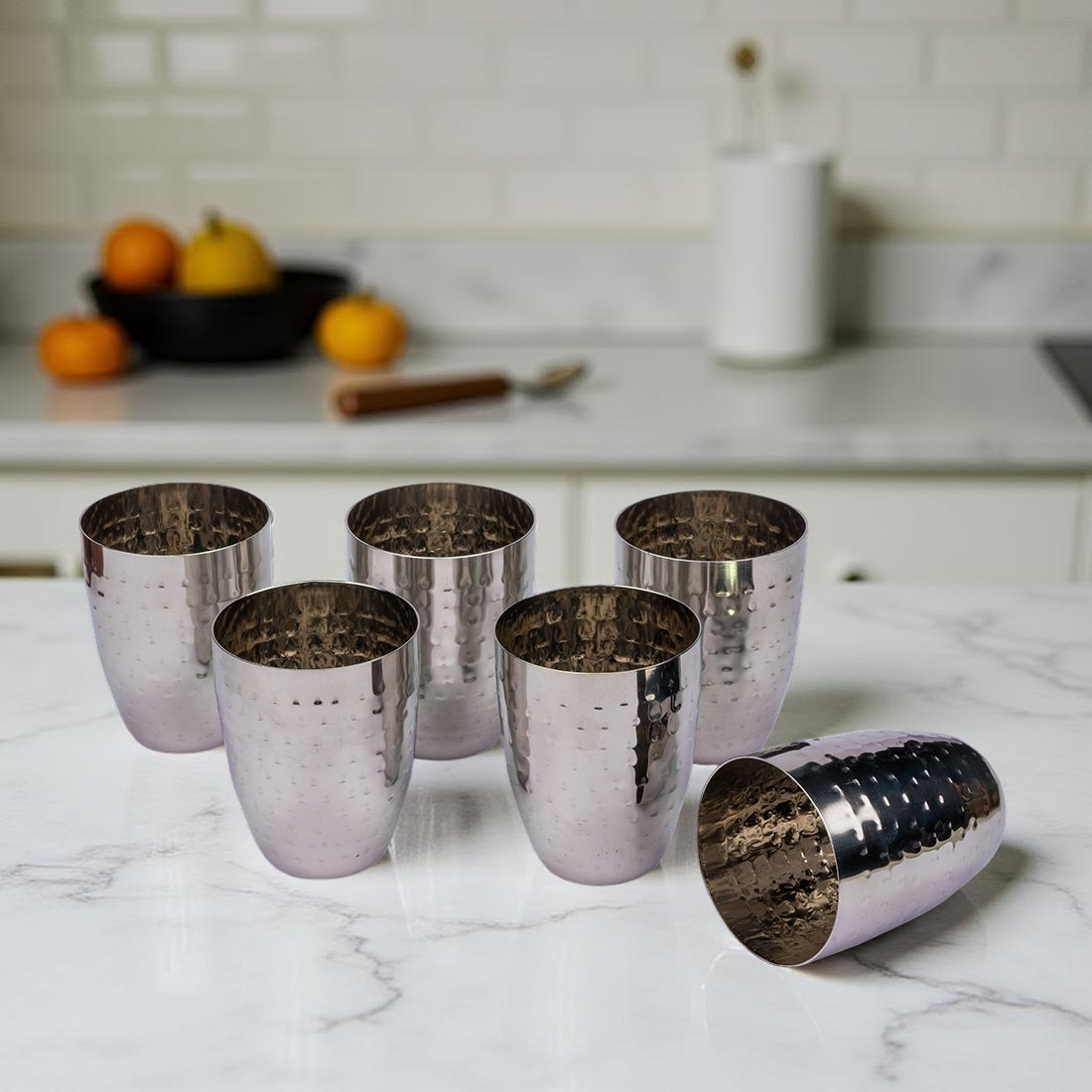 JISCOVERY Premium Stainless Steel Round Glasses Set of 6 for Water, Lassi, Milk & Juice| Glass Tumbler Hammered| Capacity- 350 ML