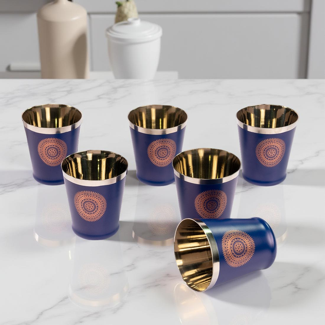 JISCOVERY Stainless Steel Printed Glasses Set of 6 Bucket shape Blue color